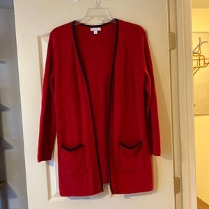 Red with black trim open cardigan with pockets. Charter club size large.